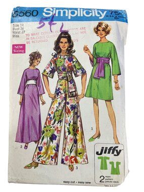 Vintage 60s Simplicity 8560 Sewing Pattern Size 14 Dress & Pantdress Sash CUT